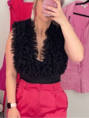 Black Tulle Ruffled V-Neck Women's Bodysuit